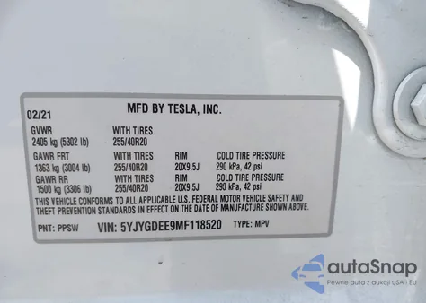 2021 Tesla Model Y Long Range Dual Motor All-Wheel Drive z USA, uszkodzony, nr VIN 5YJYGDEE9MF118520